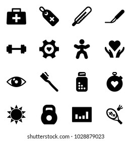 Solid vector icon set - doctor bag vector, medical label, thermometer, scalpel, barbell, heart gear, gymnastics, care, eye, tooth brush, pills bottle, stopwatch, sun, weight, statistics, badminton