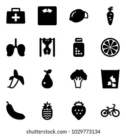 Solid vector icon set - doctor bag vector, floor scales, lemon, carrot, lungs, pull ups, pills bottle, slice, banana, pear, broccoli, garbage, pineapple, strawberry, bike
