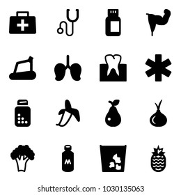 Solid vector icon set - doctor bag vector, stethoscope, pills bottle, power hand, treadmill, lungs, tooth, ambulance star, banana, pear, onion, broccoli, milk, garbage, pineapple
