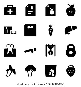 Solid vector icon set - doctor bag vector, patient card, diet list, apple, hospital building, floor scales, carrot, liver, tooth, push ups, pull, weight, banana, broccoli, garbage, strawberry