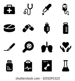 Solid vector icon set - doctor bag vector, stethoscope, pipette, drop counter, pill, pills, vial, scalpel, bacteria, lungs, heart care, bottle, pulse clipboard, x ray, flask