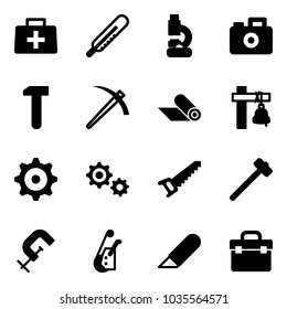 Solid vector icon set - doctor bag vector, thermometer, lab, camera, work, job, mat, ship bell, gear, saw, sledgehammer, clamp, winch, knife, tool box