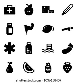 Solid vector icon set - doctor bag vector, apple, hospital building, thermometer, pills bottle, power hand, lemon, push ups, ambulance star, pool, eggplant, pear, watermelone, pineapple, strawberry