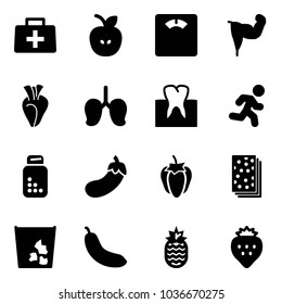 Solid vector icon set - doctor bag vector, apple, floor scales, power hand, heart, lungs, tooth, run, pills bottle, eggplant, sweet pepper, breads, garbage, banana, pineapple, strawberry