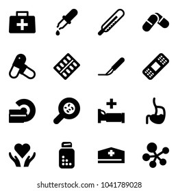 Solid vector icon set - doctor bag vector, pipette, thermometer, pills, blister, scalpel, medical patch, mri, bacteria, hospital bed, stomach, heart care, bottle, hat, molecule