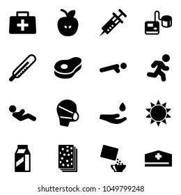 Solid vector icon set - doctor bag vector, apple, syringe, tonometer, thermometer, meat, push ups, run, abdominal muscles, medical mask, drop hand, sun, milk, breads, cereal, hat