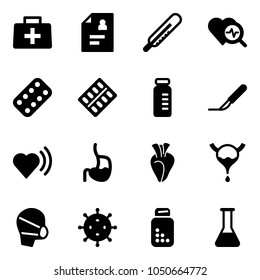 Solid vector icon set - doctor bag vector, patient card, thermometer, heart diagnosis, pills blister, vial, scalpel, beat, stomach, bladder, medical mask, virus, bottle, flask