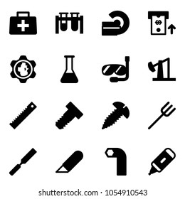 Solid vector icon set - doctor bag vector, vial, mri, atm, gear globe, flask, diving, oil derrick, ruler, bolt, screw, farm fork, rasp, work knife, allen key, marker