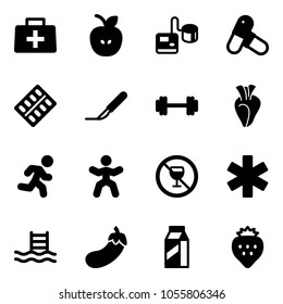 Solid vector icon set - doctor bag vector, apple, tonometer, pills, blister, scalpel, barbell, heart, run, gymnastics, no alcohol sign, ambulance star, pool, eggplant, milk, strawberry