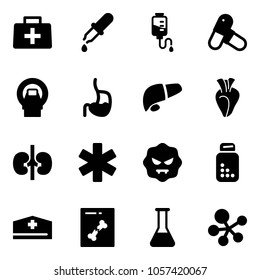 Solid vector icon set - doctor bag vector, pipette, drop counter, pills, mri, stomach, liver, heart, kidneys, ambulance star, virus, bottle, hat, x ray, flask, molecule