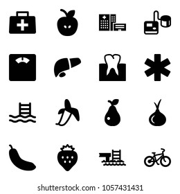 Solid vector icon set - doctor bag vector, apple, hospital building, tonometer, floor scales, liver, tooth, ambulance star, pool, banana, pear, onion, strawberry, bike