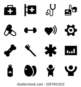 Solid vector icon set - doctor bag vector, first aid room, stethoscope, tonometer, pills, barbell, heart beat, gear, broken bone, tooth brush, ambulance star, statistics, milk, eggs, success