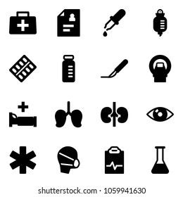 Solid vector icon set - doctor bag vector, patient card, pipette, drop counter, pills blister, vial, scalpel, mri, hospital bed, lungs, kidneys, eye, ambulance star, medical mask, pulse clipboard