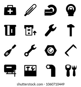 Solid vector icon set - doctor bag vector, thermometer, mri, atm, wrench, hammer, chisel, nut, staple, jig saw, tool box, allen key, shovel fork toy