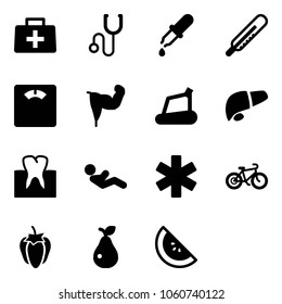 Solid vector icon set - doctor bag vector, stethoscope, pipette, thermometer, floor scales, power hand, treadmill, liver, tooth, abdominal muscles, ambulance star, bike, sweet pepper, pear