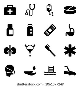 Solid vector icon set - doctor bag vector, stethoscope, drop counter, pill, pills bottle, vial, medical patch, stomach, kidneys, bladder, tooth brush, ambulance star, mask, hand, pool, lawn mower