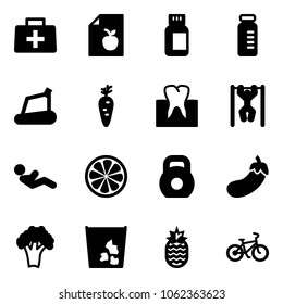 Solid vector icon set - doctor bag vector, diet list, pills bottle, vial, treadmill, carrot, tooth, pull ups, abdominal muscles, lemon slice, weight, eggplant, broccoli, garbage, pineapple, bike