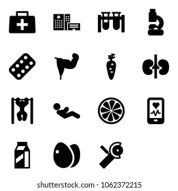 Solid vector icon set - doctor bag vector, hospital building, vial, lab, pills blister, power hand, carrot, kidneys, pull ups, abdominal muscles, lemon slice, mobile heart monitor, milk, eggs