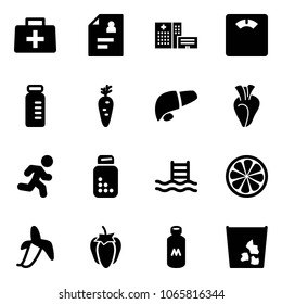 Solid vector icon set - doctor bag vector, patient card, hospital building, floor scales, vial, carrot, liver, heart, run, pills bottle, pool, lemon slice, banana, sweet pepper, milk, garbage
