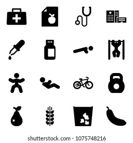 Solid vector icon set - doctor bag vector, diet list, stethoscope, hospital building, pipette, pills bottle, push ups, pull, gymnastics, abdominal muscles, bike, weight, pear, spica, garbage, banana