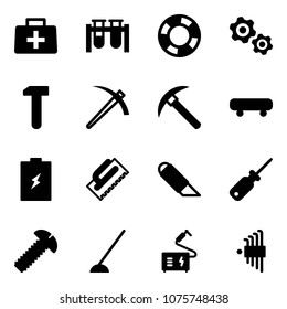 Solid vector icon set - doctor bag vector, vial, lifebuoy, gears, work, job, rock axe, skateboard, battery, trowel, knife, screwdriver, screw, hoe, welding, allen key set