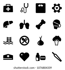 Solid vector icon set - doctor bag vector, stethoscope, floor scales, heart gear, liver, lungs, broken bone, medical mask, pool, fork spoon plate, onion, broccoli, hat, uv cream, forceps