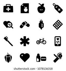 Solid vector icon set - doctor bag vector, diet list, apple, medical label, heart diagnosis, pills, drop counter, blister, tooth brush, ambulance star, bike, mobile monitor, sweet pepper, uv cream