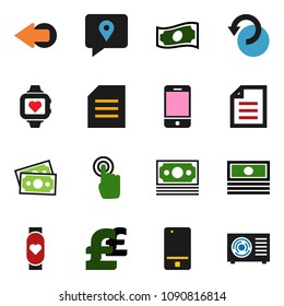 solid vector icon set  - document vector, cash, pound, heart monitor, money, traking, mobile phone, touchscreen, arrow, undo, ari condition