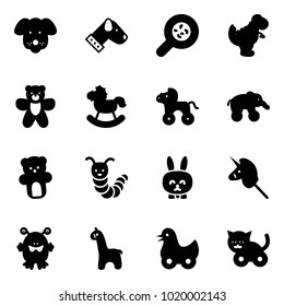 Solid vector icon set - dog vector, bacteria, dinosaur toy, bear, rocking horse, wheel, elephant, caterpillar, rabbit, unicorn stick, monster, giraffe, duck, cat
