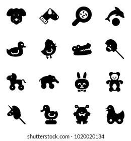 Solid vector icon set - dog vector, bacteria, dolphin, duck toy, chicken, crocodile, horse stick, wheel, elephant, rabbit, bear, unicorn, monster