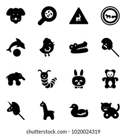 Solid vector icon set - dog vector, bacteria, wild animals road sign, no cart horse, dolphin, chicken toy, crocodile, stick, elephant wheel, caterpillar, rabbit, bear, unicorn, giraffe, duck, cat