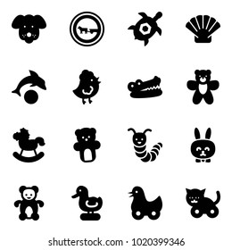 Solid vector icon set - dog vector, no cart horse road sign, sea turtle, shell, dolphin, chicken toy, crocodile, bear, rocking, caterpillar, rabbit, duck, cat