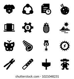 Solid vector icon set - dog vector, social, history, moon flag, doors, money managemet, pineapple, pyramid, butterfly, shell, laser, sun power, bolt cutter, drill, crown, doll