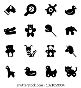 Solid vector icon set - dog vector, bacteria, sea turtle, duck toy, crocodile, bear, horse stick, elephant wheel, caterpillar, unicorn, giraffe, cat