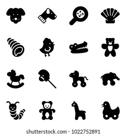 Solid vector icon set - dog vector, bacteria, shell, chicken toy, crocodile, bear, rocking horse, stick, wheel, elephant, caterpillar, giraffe, duck
