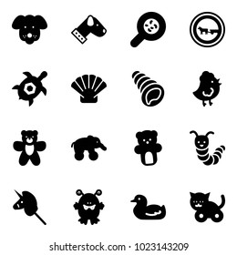 Solid vector icon set - dog vector, bacteria, no cart horse road sign, sea turtle, shell, chicken toy, bear, elephant wheel, caterpillar, unicorn stick, monster, duck, cat