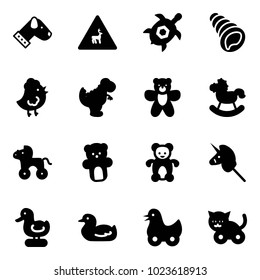 Solid vector icon set - dog vector, wild animals road sign, sea turtle, shell, chicken toy, dinosaur, bear, rocking horse, wheel, unicorn stick, duck, cat