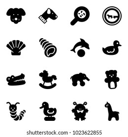 Solid vector icon set - dog vector, bacteria, no cart horse road sign, shell, dolphin, duck toy, crocodile, rocking, elephant wheel, bear, caterpillar, monster, giraffe