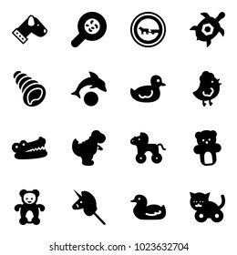 Solid vector icon set - dog vector, bacteria, no cart horse road sign, sea turtle, shell, dolphin, duck toy, chicken, crocodile, dinosaur, wheel, bear, unicorn stick, cat