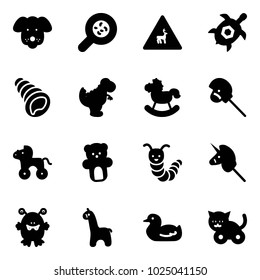 Solid vector icon set - dog vector, bacteria, wild animals road sign, sea turtle, shell, dinosaur toy, rocking horse, stick, wheel, bear, caterpillar, unicorn, monster, giraffe, duck, cat