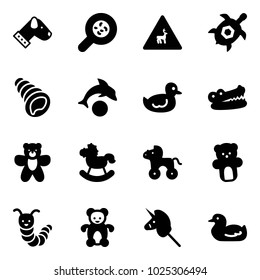 Solid vector icon set - dog vector, bacteria, wild animals road sign, sea turtle, shell, dolphin, duck toy, crocodile, bear, rocking horse, wheel, caterpillar, unicorn stick