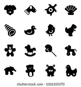 Solid vector icon set - dog vector, sea turtle, shell, duck toy, chicken, dinosaur, bear, rocking horse, stick, wheel, elephant, monster