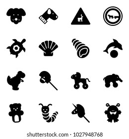 Solid vector icon set - dog vector, wild animals road sign, no cart horse, sea turtle, shell, dolphin, dinosaur toy, stick, wheel, elephant, bear, caterpillar, unicorn, monster