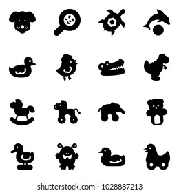Solid vector icon set - dog vector, bacteria, sea turtle, dolphin, duck toy, chicken, crocodile, dinosaur, rocking horse, wheel, elephant, bear, monster