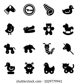 Solid vector icon set - dog vector, no cart horse road sign, shell, duck toy, chicken, crocodile, bear, rocking, wheel, elephant, caterpillar, unicorn stick, monster, cat