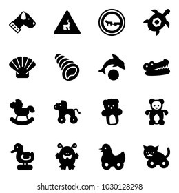 Solid vector icon set - dog vector, wild animals road sign, no cart horse, sea turtle, shell, dolphin, crocodile, rocking, wheel, bear toy, duck, monster, cat