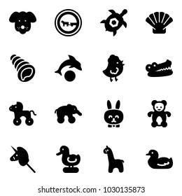 Solid vector icon set - dog vector, no cart horse road sign, sea turtle, shell, dolphin, chicken toy, crocodile, wheel, elephant, rabbit, bear, unicorn stick, duck, giraffe
