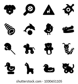 Solid vector icon set - dog vector, bacteria, wild animals road sign, sea turtle, shell, dolphin, chicken toy, crocodile, horse stick, wheel, bear, caterpillar, duck, giraffe, cat