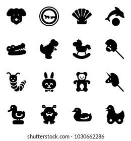 Solid vector icon set - dog vector, no cart horse road sign, shell, dolphin, crocodile, dinosaur toy, rocking, stick, caterpillar, rabbit, bear, unicorn, duck, monster