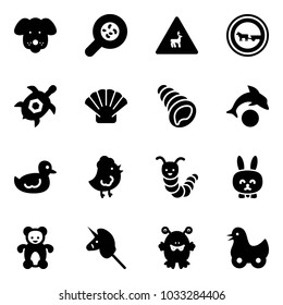Solid vector icon set - dog vector, bacteria, wild animals road sign, no cart horse, sea turtle, shell, dolphin, duck toy, chicken, caterpillar, rabbit, bear, unicorn stick, monster